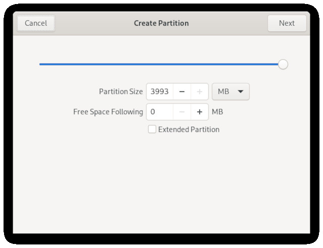 Creating a new partition and setting size